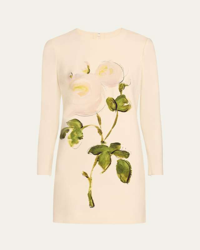 Long-Sleeve Painted Roses Wool Mini Dress